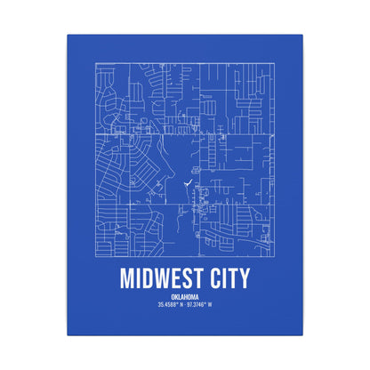 Midwest City Street Map Canvas, White on Royal Blue