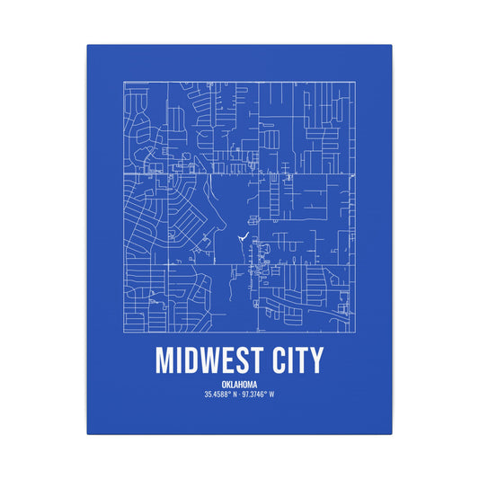 Midwest City Street Map Canvas, White on Royal Blue