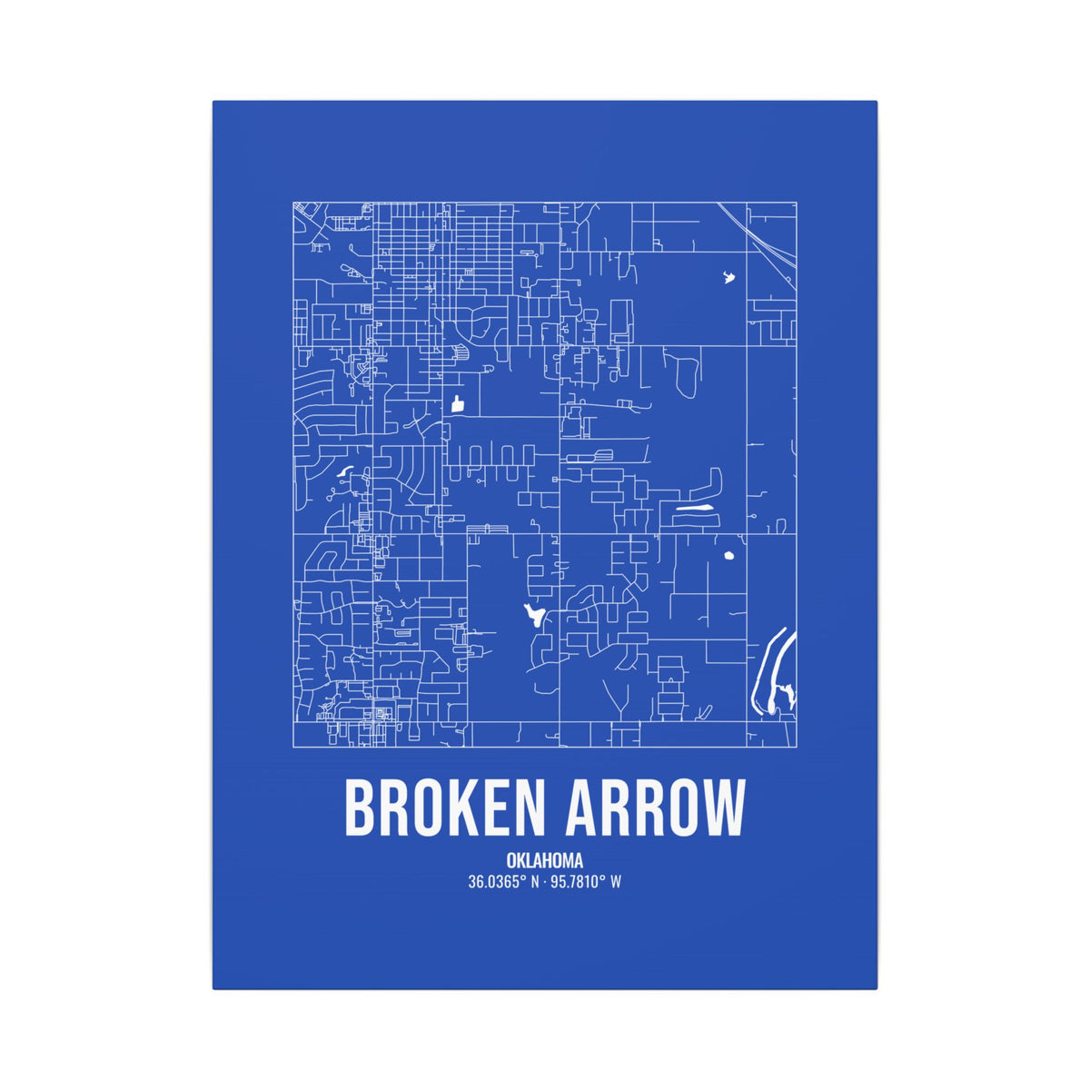 Broken Arrow Street Map Canvas, White on Royal Blue