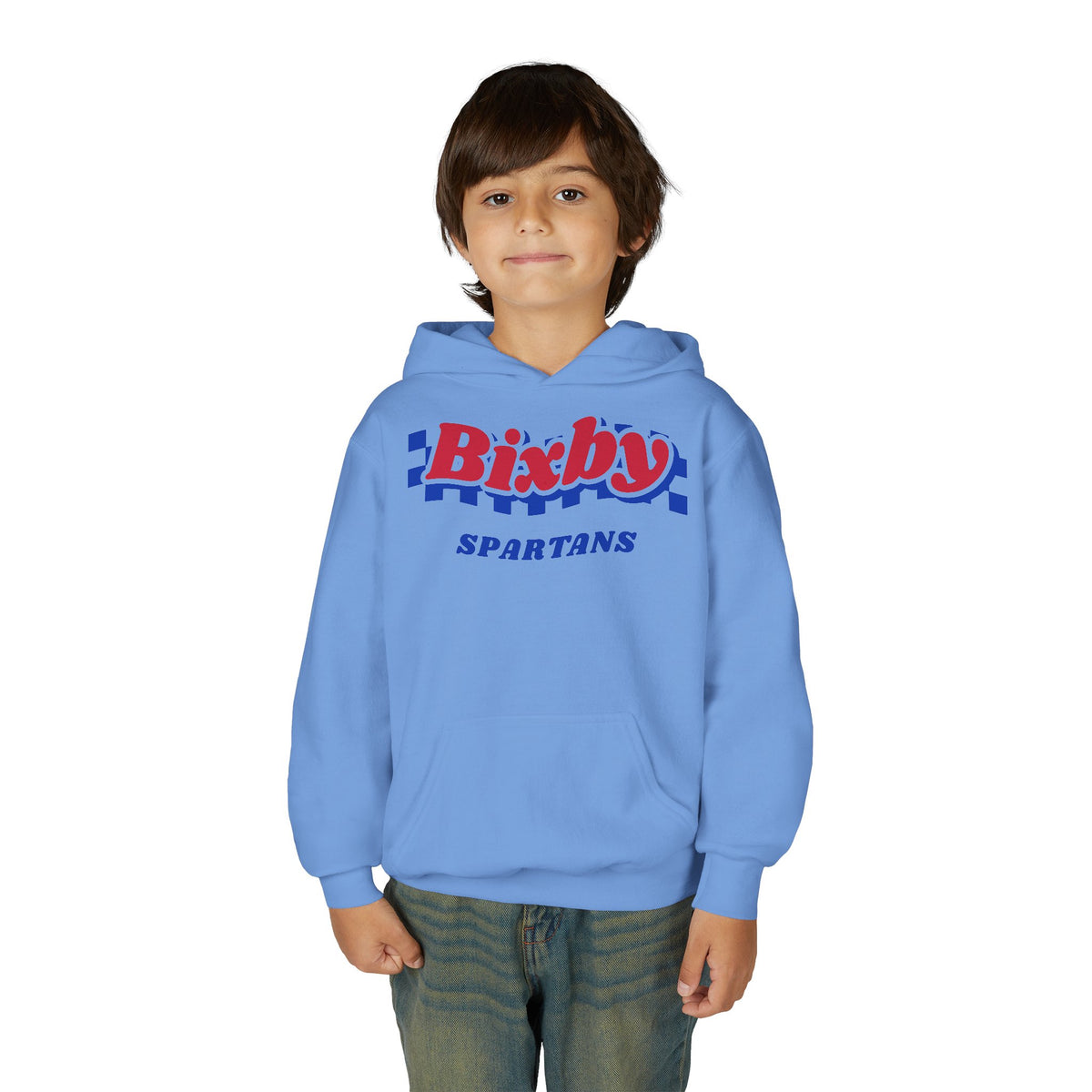 Bixby Spartans Retro Blue Checkered Script Youth Hoodie – Kids Vintage Game Day Hoodie