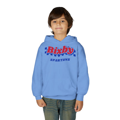 Bixby Spartans Retro Blue Checkered Script Youth Hoodie – Kids Vintage Game Day Hoodie