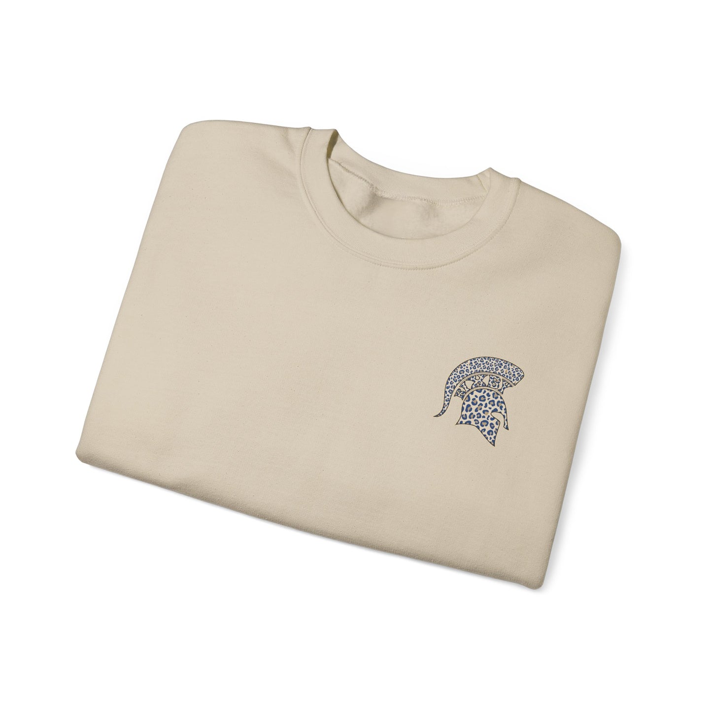 Raised A Spartan Crewneck Gildan Sweatshirt with Spartan Logo