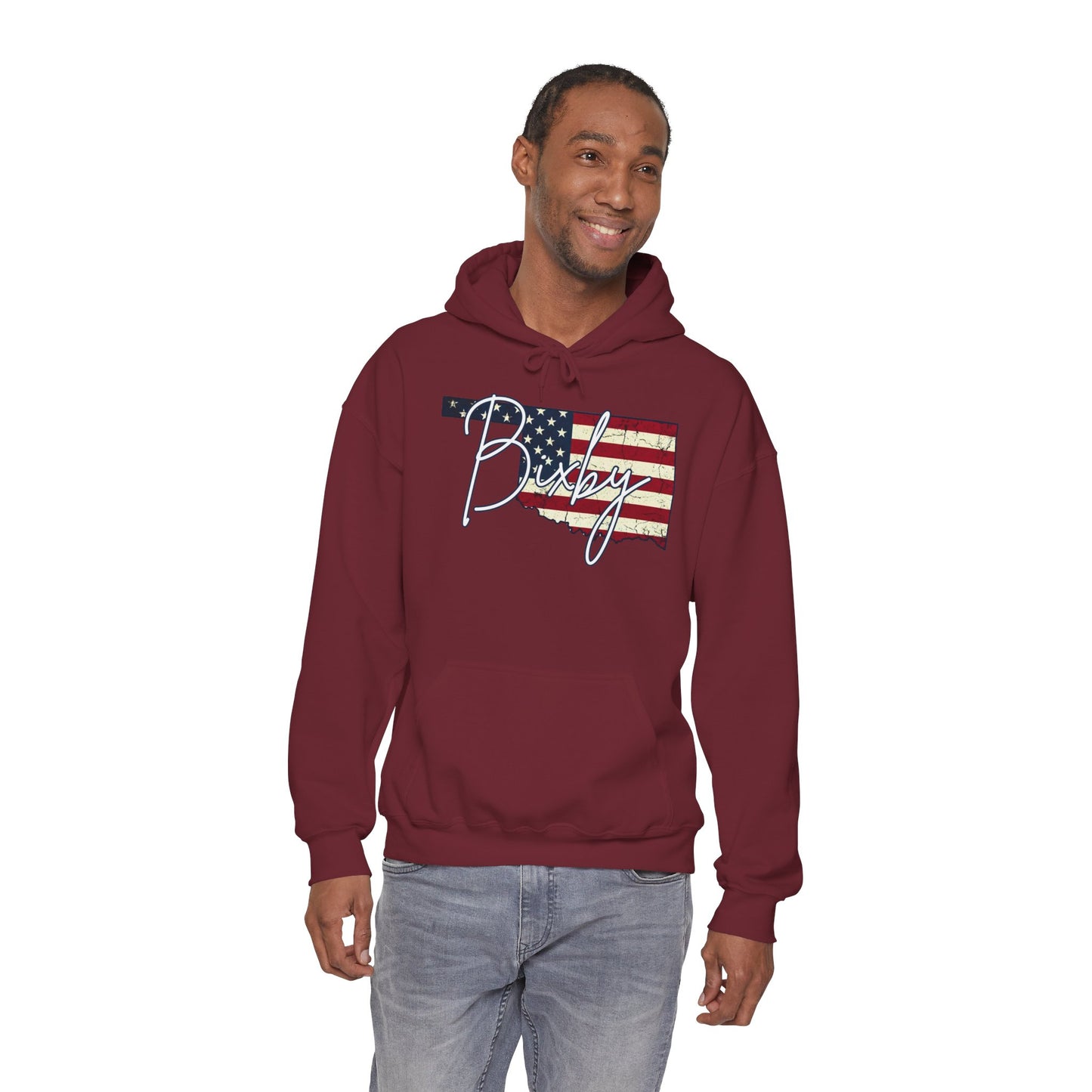 Oklahoma Flag Hoodie with "Bixby" Script Gildan Hoodie