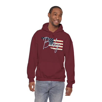 Oklahoma Flag Hoodie with "Bixby" Script Gildan Hoodie