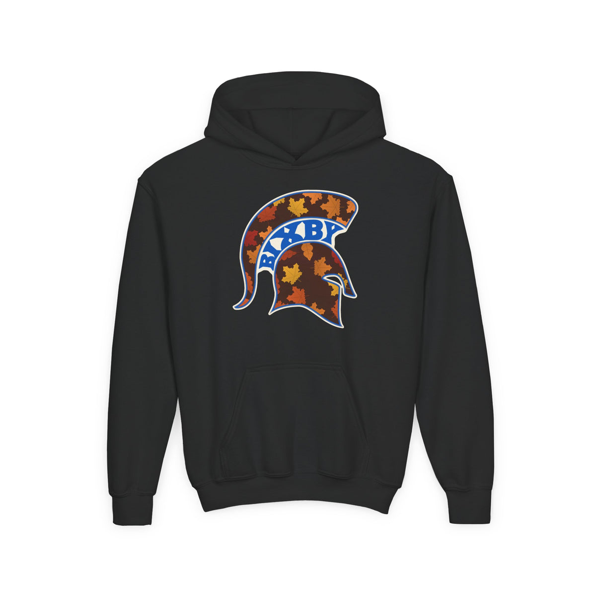 Bixby Spartans Fall Leaves Helmet Youth Hoodie – Kids Autumn Game Day Hoodie