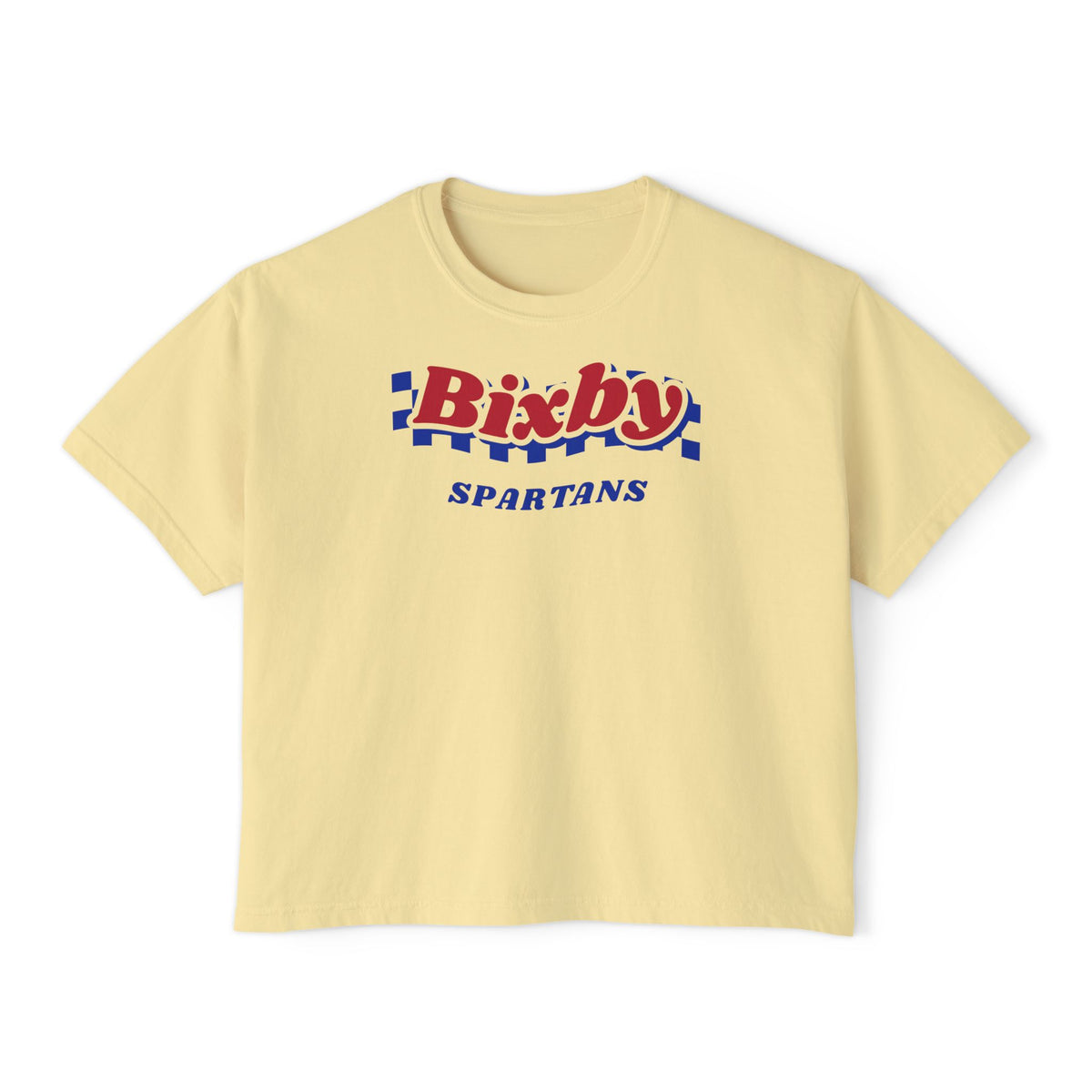 Bixby Spartans Navy Checker Retro Logo Women's Boxy Tee – Game Day Shirt