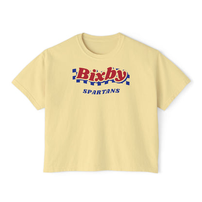 Bixby Spartans Navy Checker Retro Logo Women's Boxy Tee – Game Day Shirt