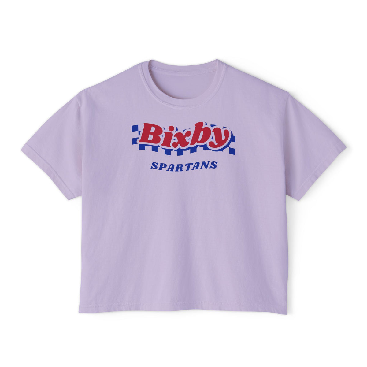 Bixby Spartans Navy Checker Retro Logo Women's Boxy Tee – Game Day Shirt