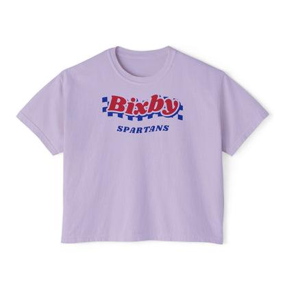 Bixby Spartans Navy Checker Retro Logo Women's Boxy Tee – Game Day Shirt