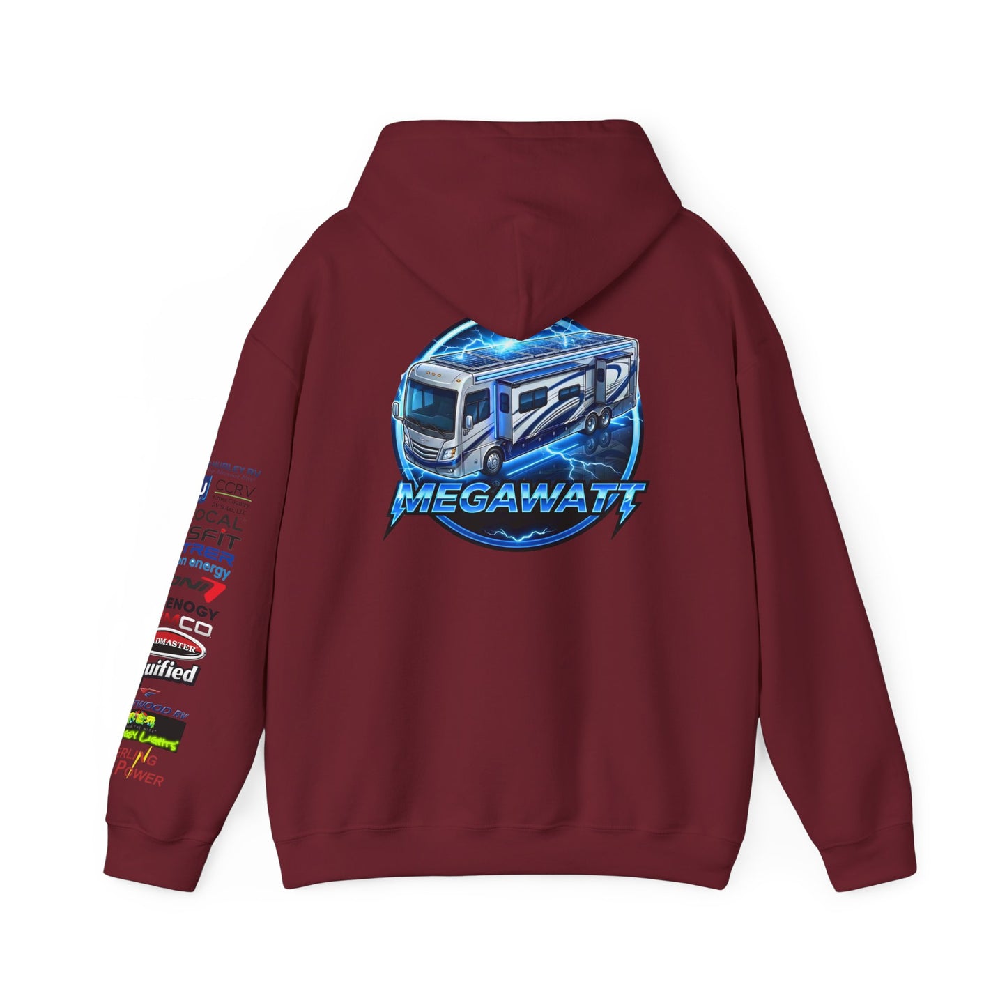 RV Megawatt Hoodie — Retro Camper Graphic Pullover with Sponsor Sleeve Logos