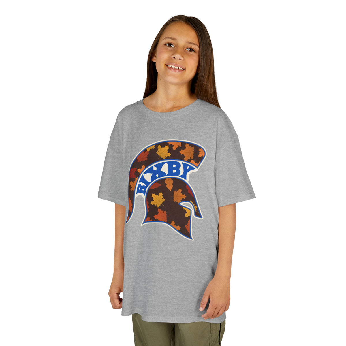 Bixby Spartans Fall Leaves Helmet Youth Tee – Kids Autumn Game Day Shirt