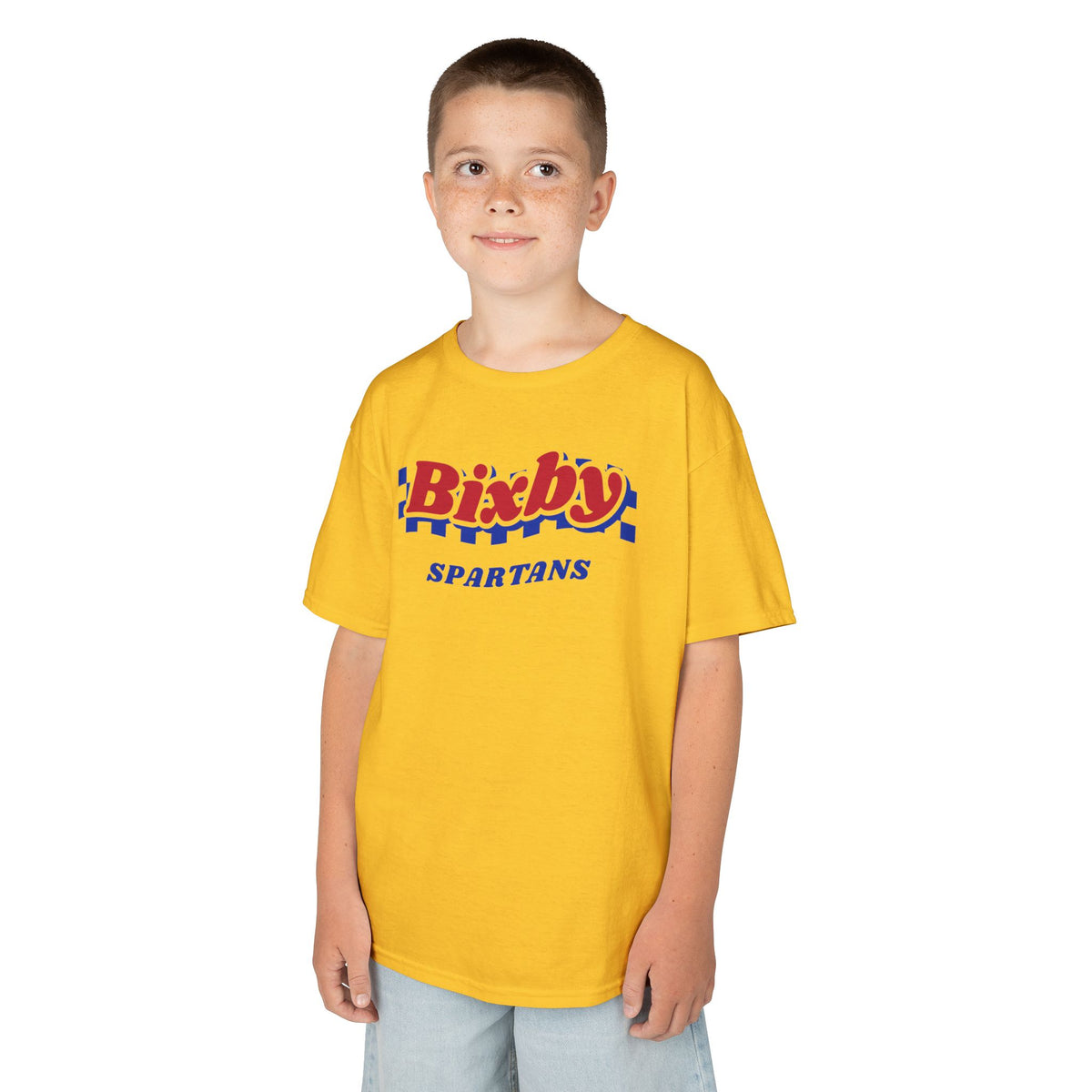 Bixby Spartans Retro Blue Checkered Script Youth Tee – Kids Vintage Game Day Shirt