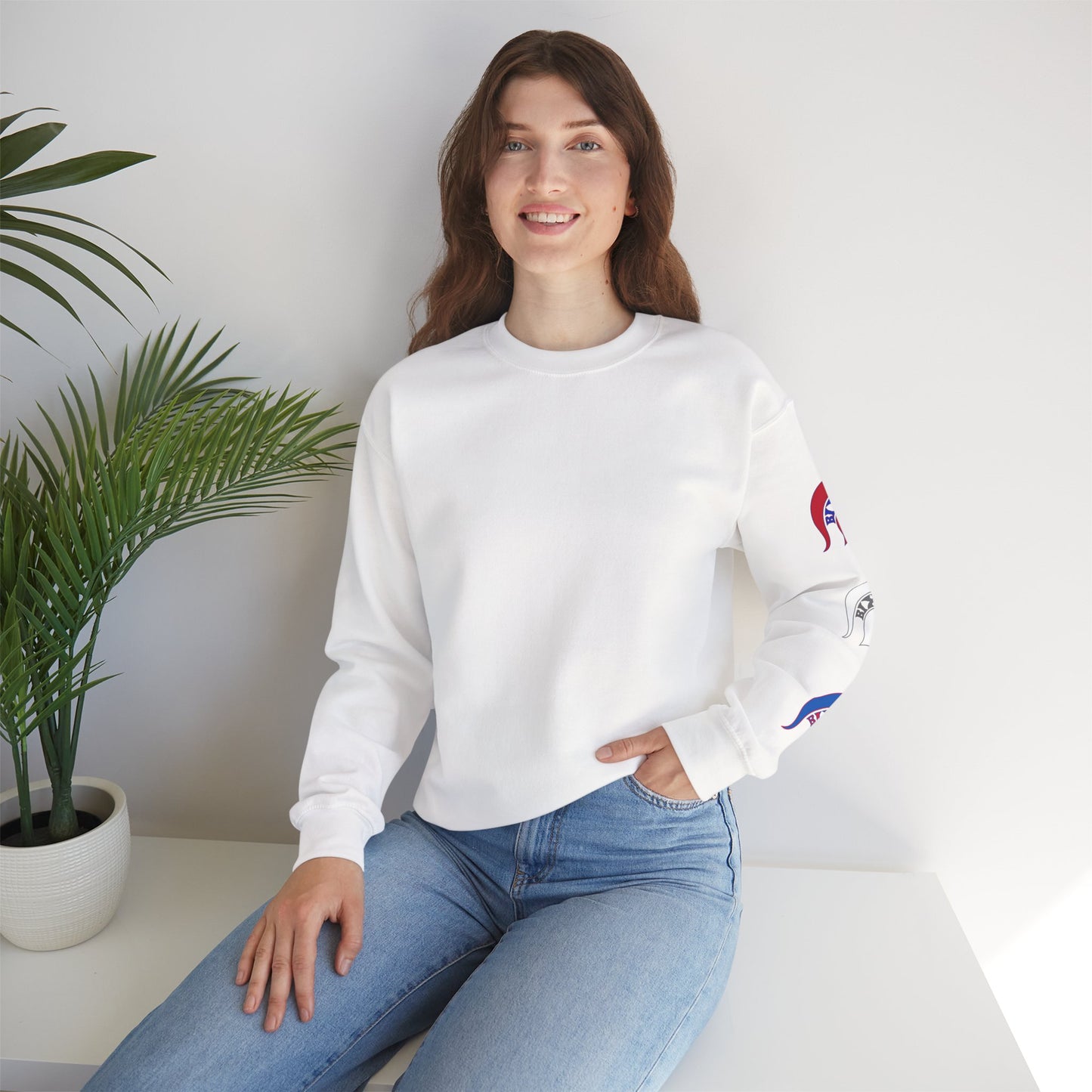 Spartan Logo Red White & Blue Gildan Sleeve Print Sweatshirt