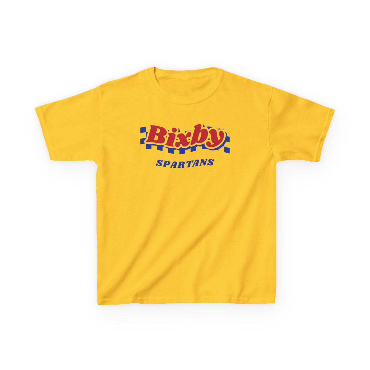 Bixby Spartans Retro Blue Checkered Script Youth Tee – Kids Vintage Game Day Shirt