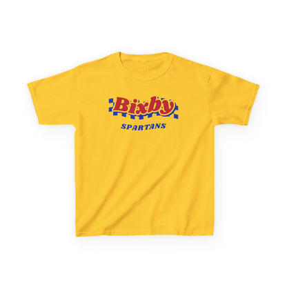 Bixby Spartans Retro Blue Checkered Script Youth Tee – Kids Vintage Game Day Shirt