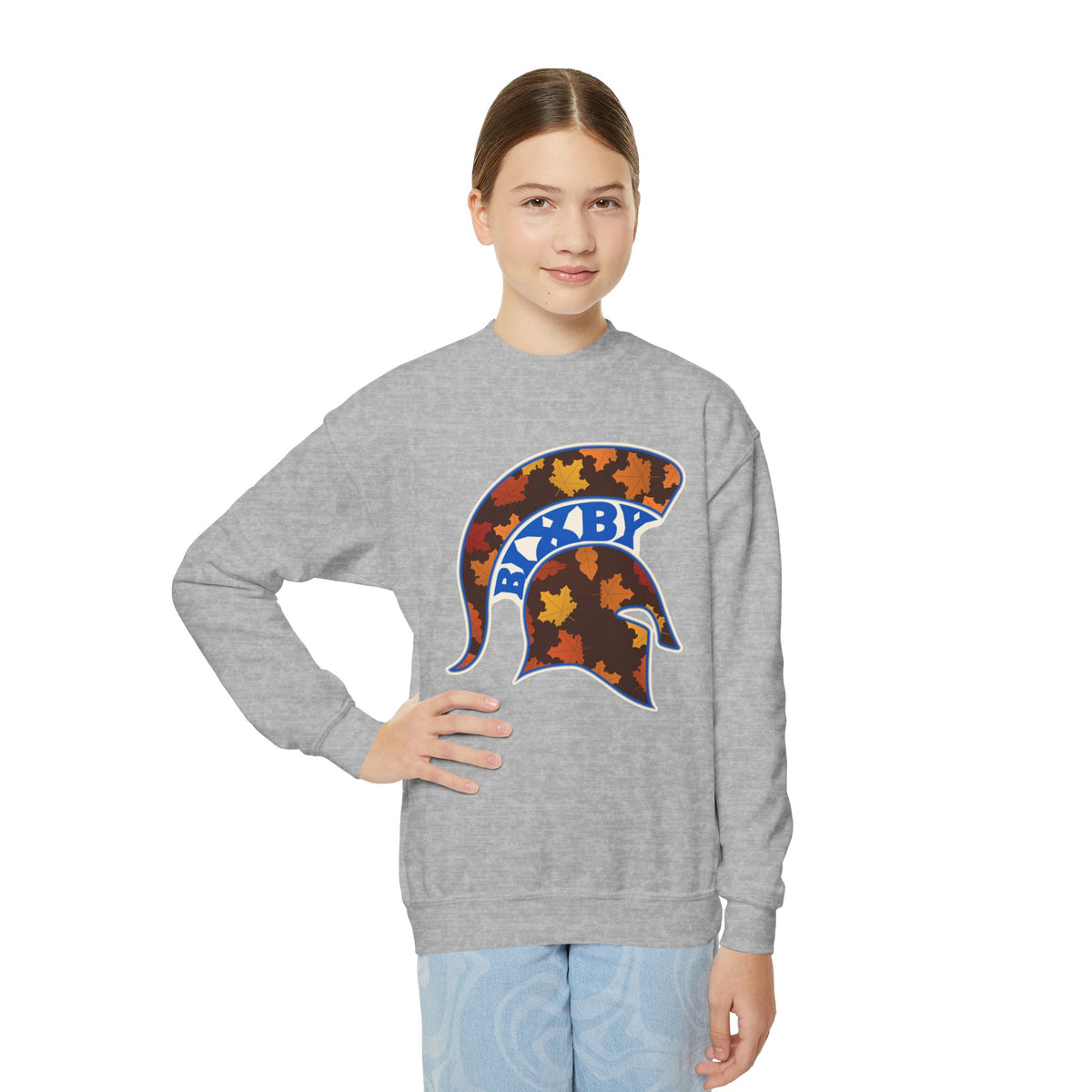 Bixby Spartans Fall Leaves Helmet Youth Sweatshirt – Kids Autumn Crewneck