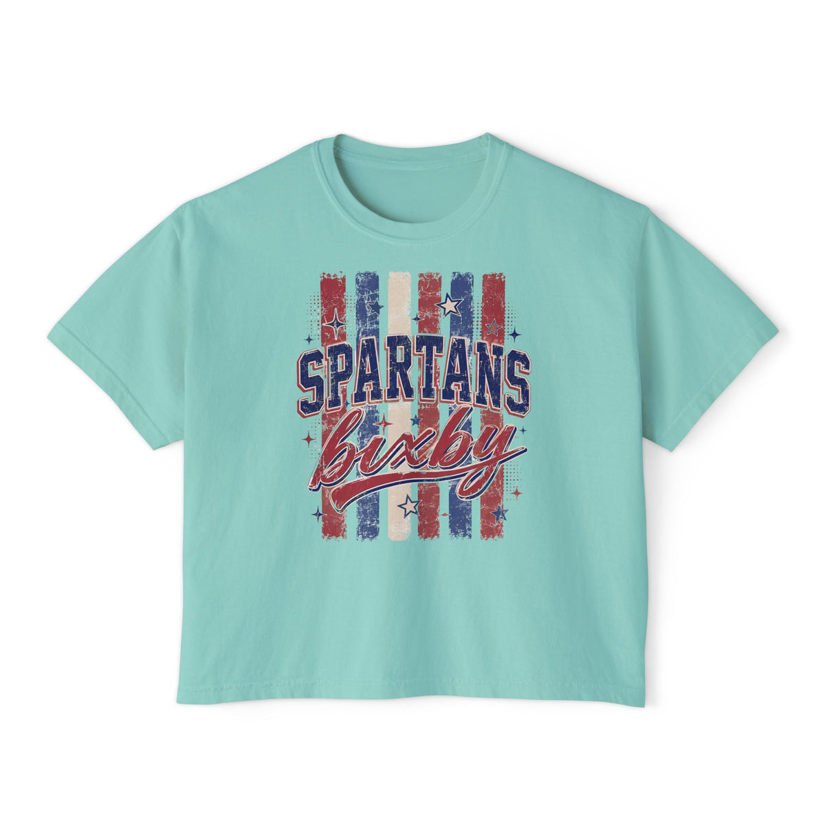 Bixby Spartans Lucky Boxy Vintage Red & Blue Patriot Stripes Tee
