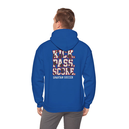 Kick. Pass. Score. Spartan Soccer Gildan Hoodie
