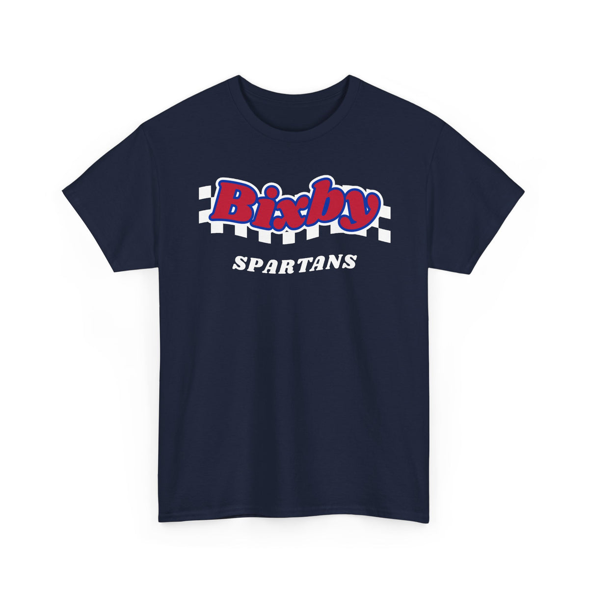 Bixby Spartans Retro Script Checkered Tee – Red, White & Blue Game Day Shirt