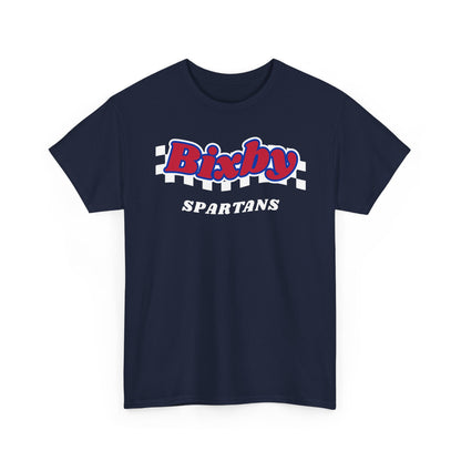 Bixby Spartans Retro Script Checkered Tee – Red, White & Blue Game Day Shirt