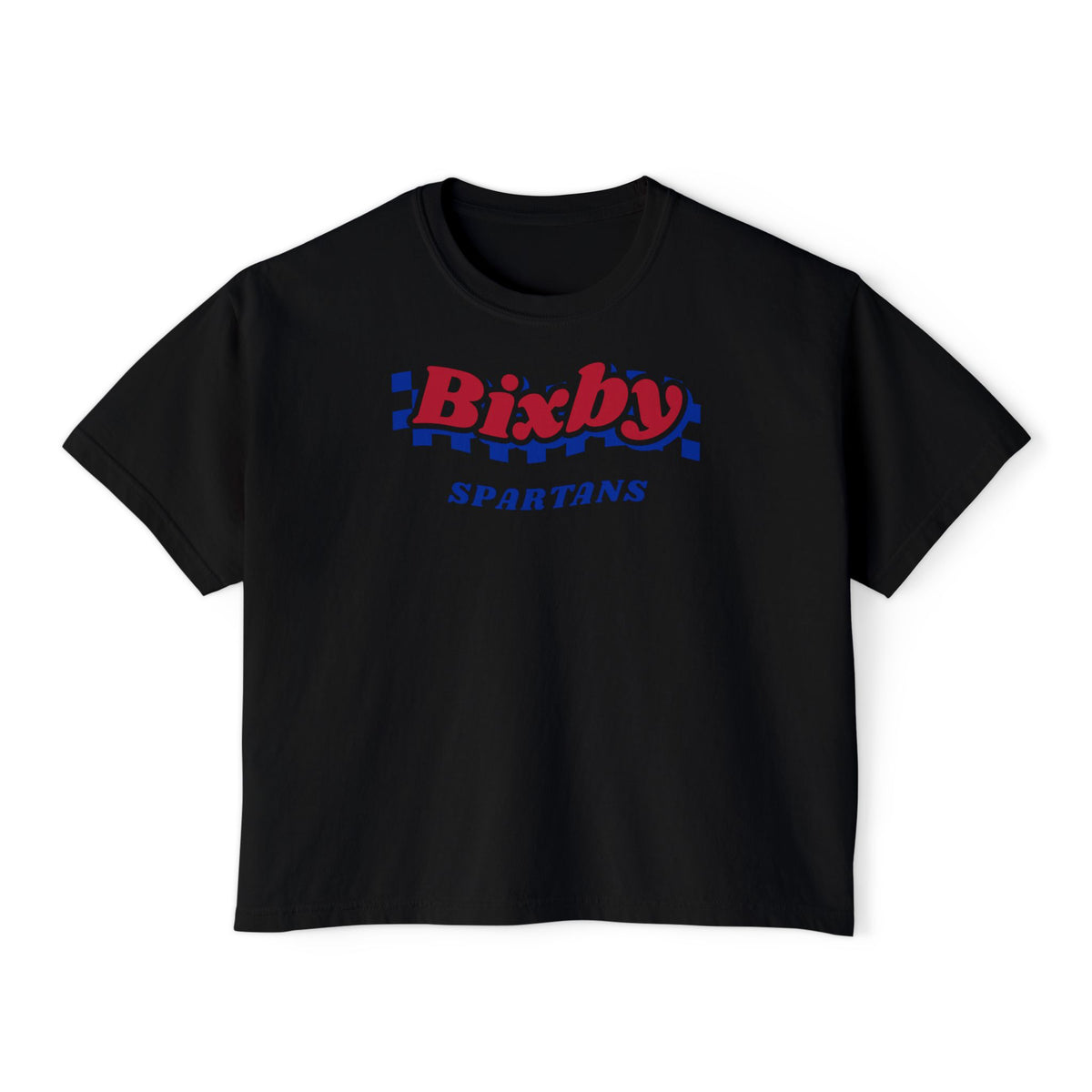 Bixby Spartans Navy Checker Retro Logo Women's Boxy Tee – Game Day Shirt