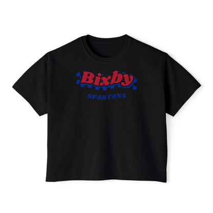 Bixby Spartans Navy Checker Retro Logo Women's Boxy Tee – Game Day Shirt