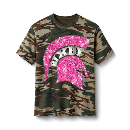 Camo Tee with Pink Glitter Spartan Helmet – Girls' Glitter Camo Shirt