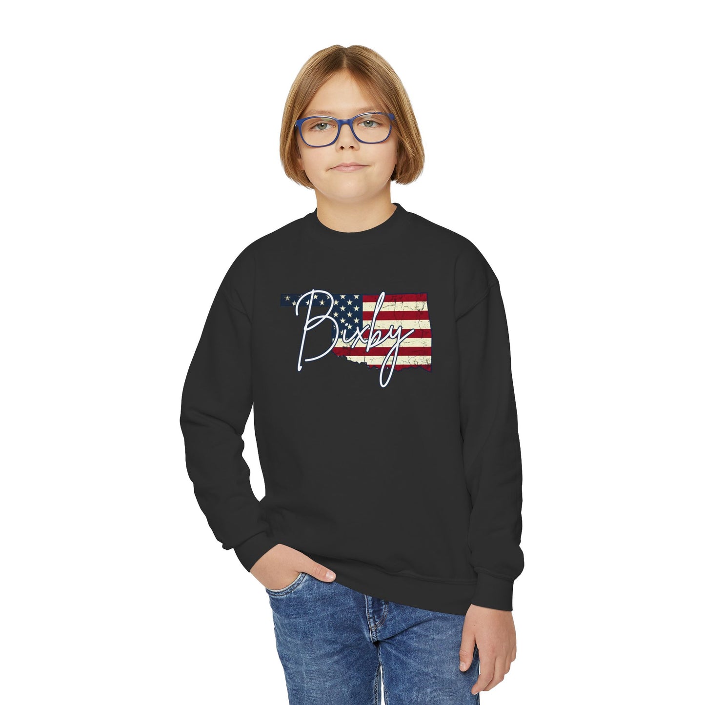 Oklahoma Flag Bixby Script Youth Gildan Sweatshirt