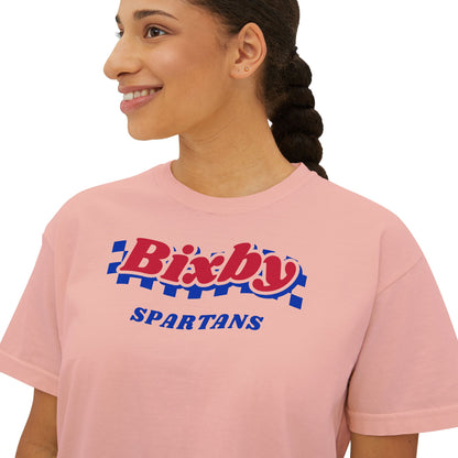 Bixby Spartans Navy Checker Retro Logo Women's Boxy Tee – Game Day Shirt