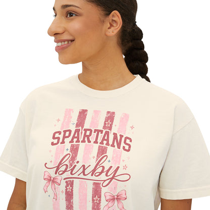 Spartans Bixby Women's Boxy Tee Pink Vintage Stripe Cheer Shirt