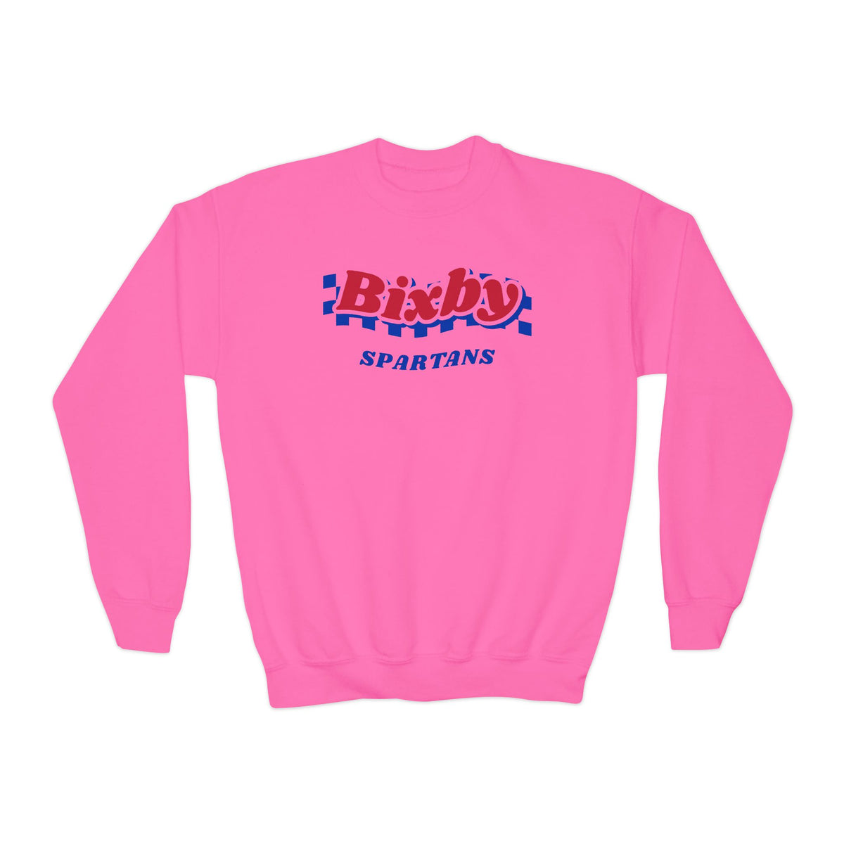 Bixby Spartans Retro Blue Checkered Script Youth Sweatshirt – Kids Vintage Crewneck
