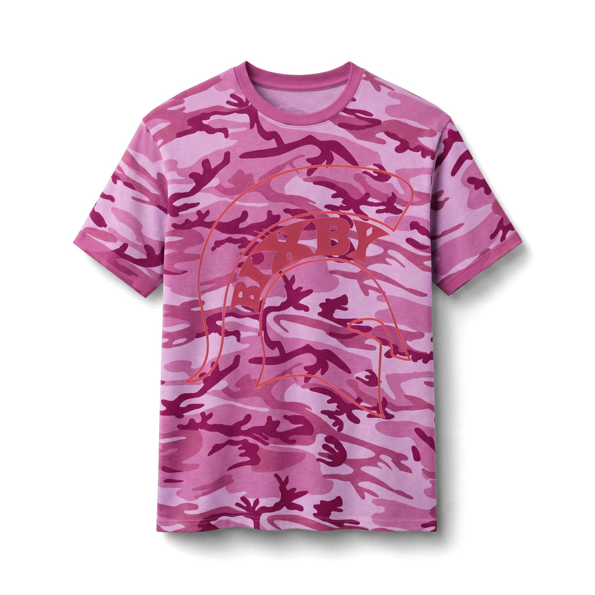Bixby Spartans Camo Spartan Helmet - Pink Outline Military Graphic Tee