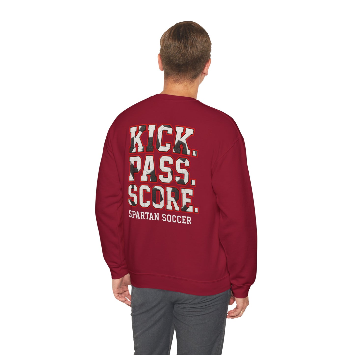 Kick. Pass. Score. Spartan Soccer Gildan Sweatshirt