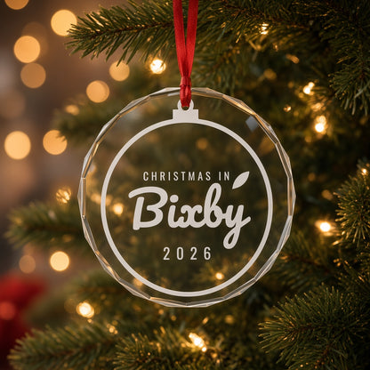 Christmas in Bixby 2026 crystal ornament hanging on a Christmas tree