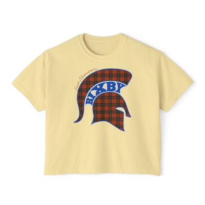 Bixby Spartans East Elementary Plaid Helmet Women's Boxy Tee – School Spirit Mom Shirt