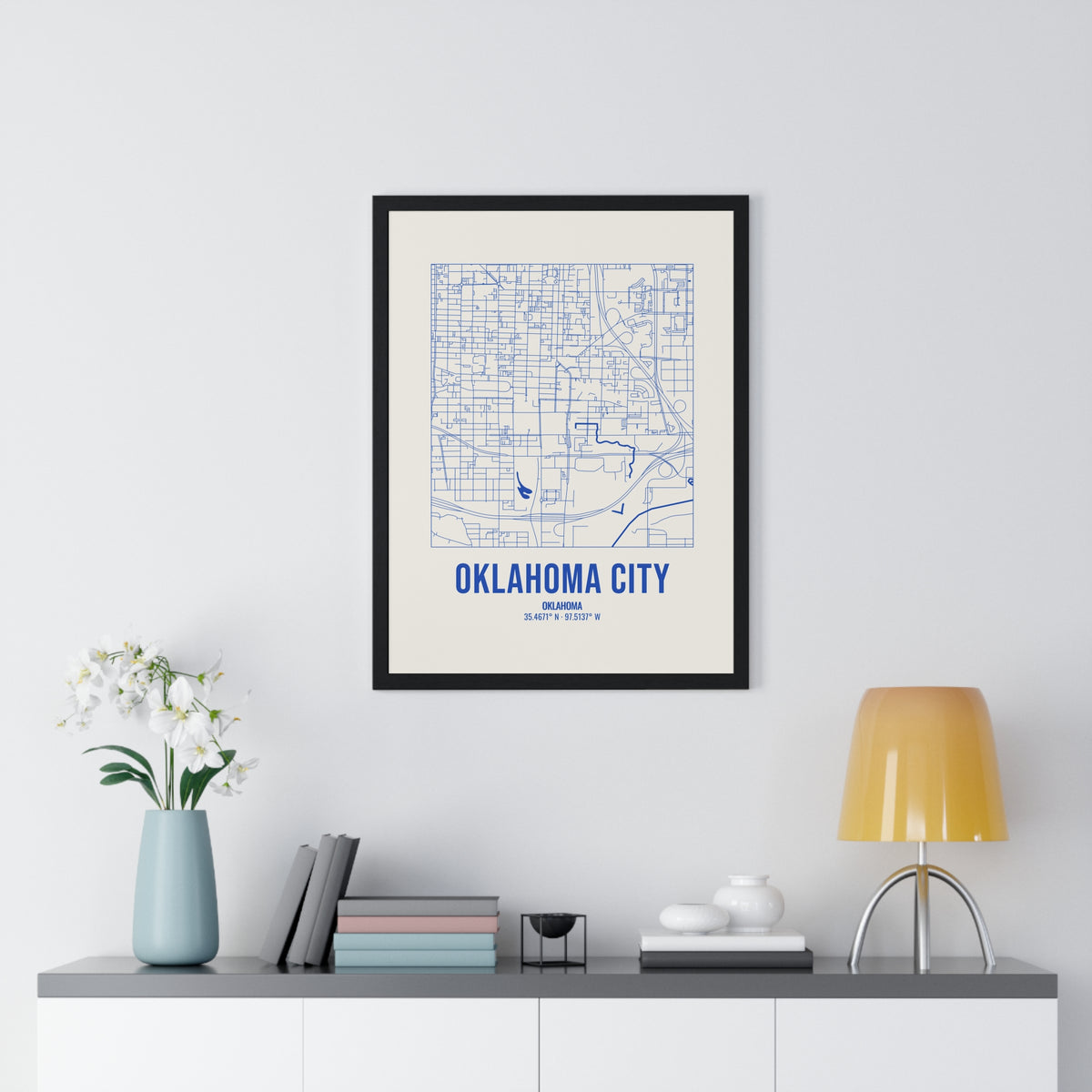 Oklahoma City Street Map Framed Print, Royal Blue on Cream