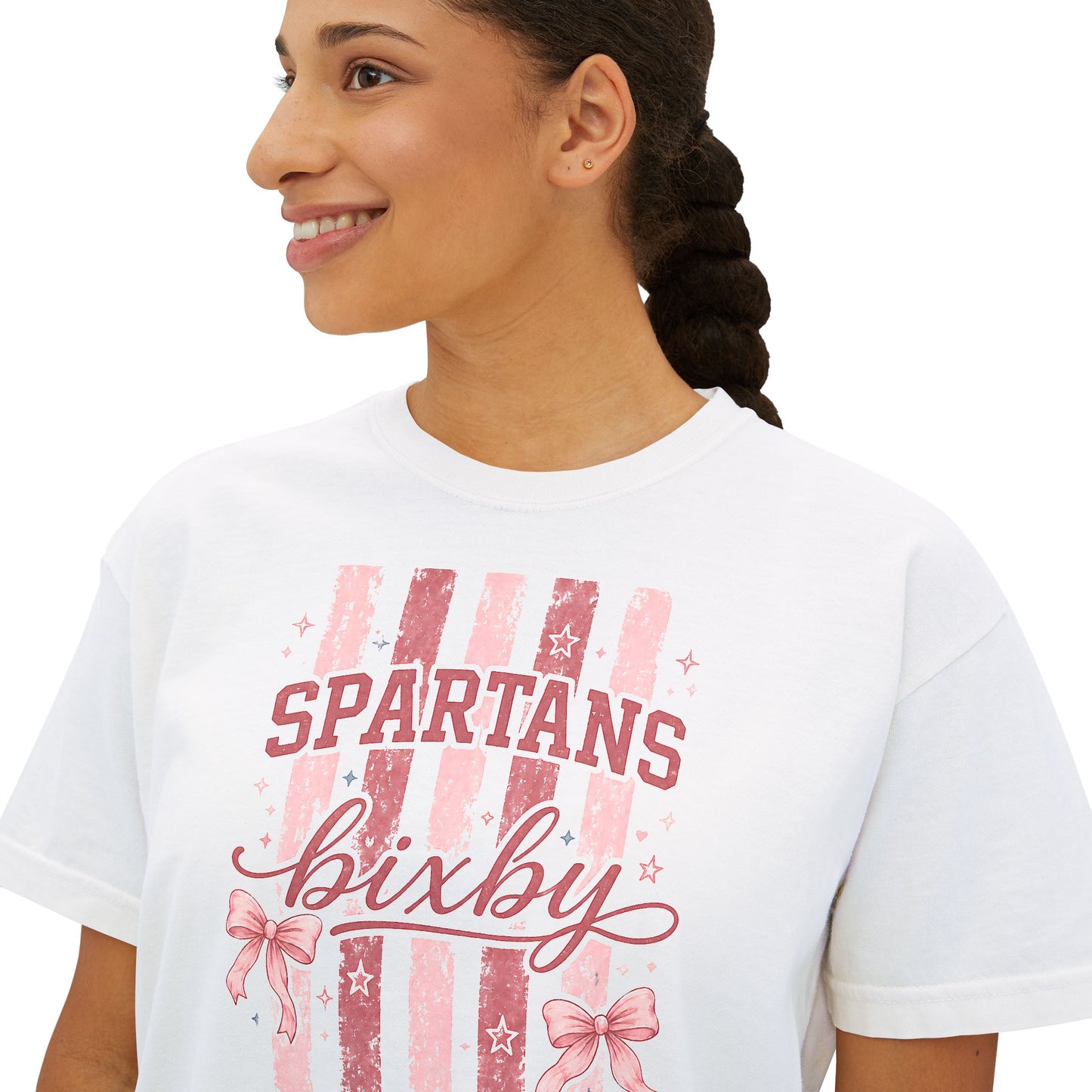Spartans Bixby Women's Boxy Tee Pink Vintage Stripe Cheer Shirt