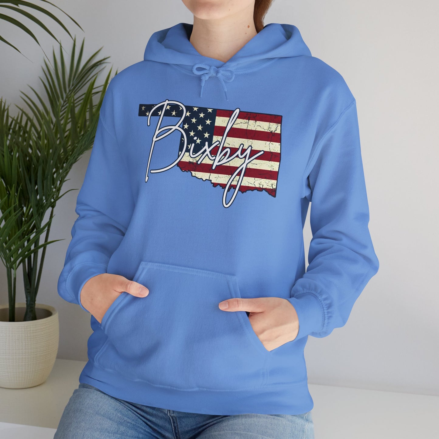 Oklahoma Flag Hoodie with "Bixby" Script Gildan Hoodie