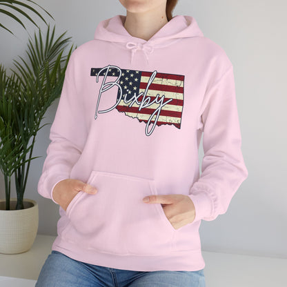 Oklahoma Flag Hoodie with "Bixby" Script Gildan Hoodie