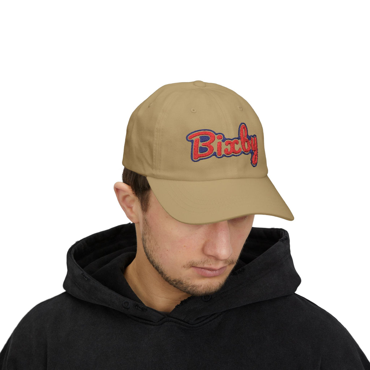 Embroidered "Bixby" Classic Dad Cap — White Retro Script Baseball Hat
