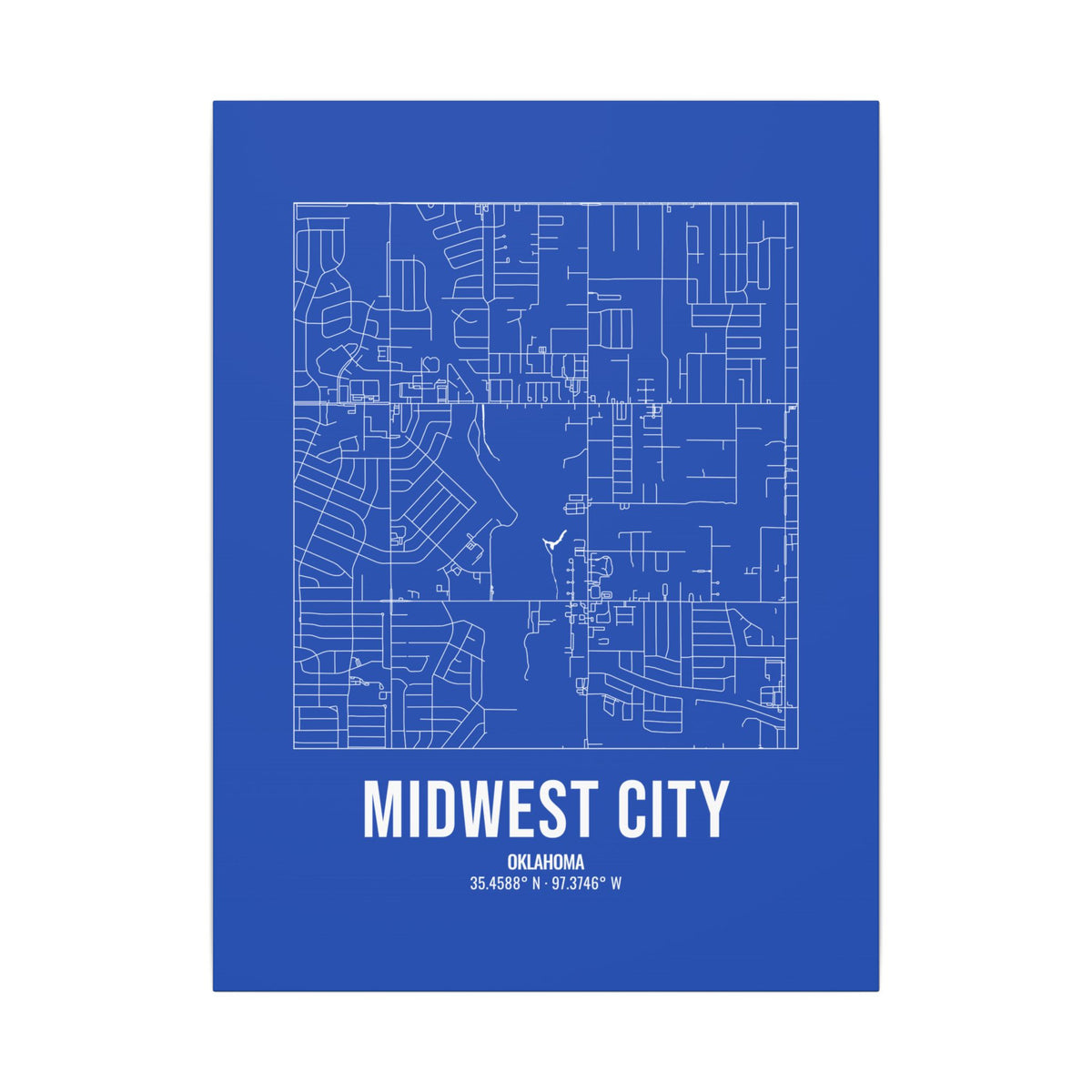 Midwest City Street Map Canvas, White on Royal Blue