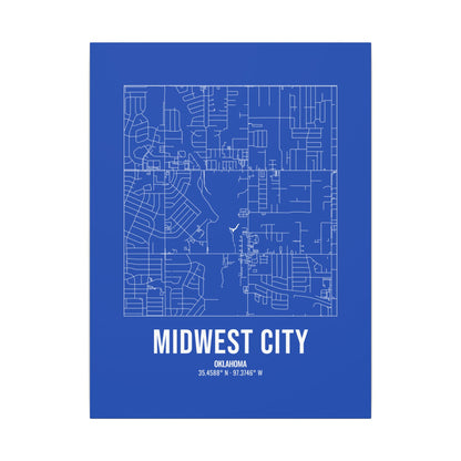 Midwest City Street Map Canvas, White on Royal Blue