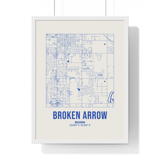 Broken Arrow Street Map Framed Print, Royal Blue on Cream