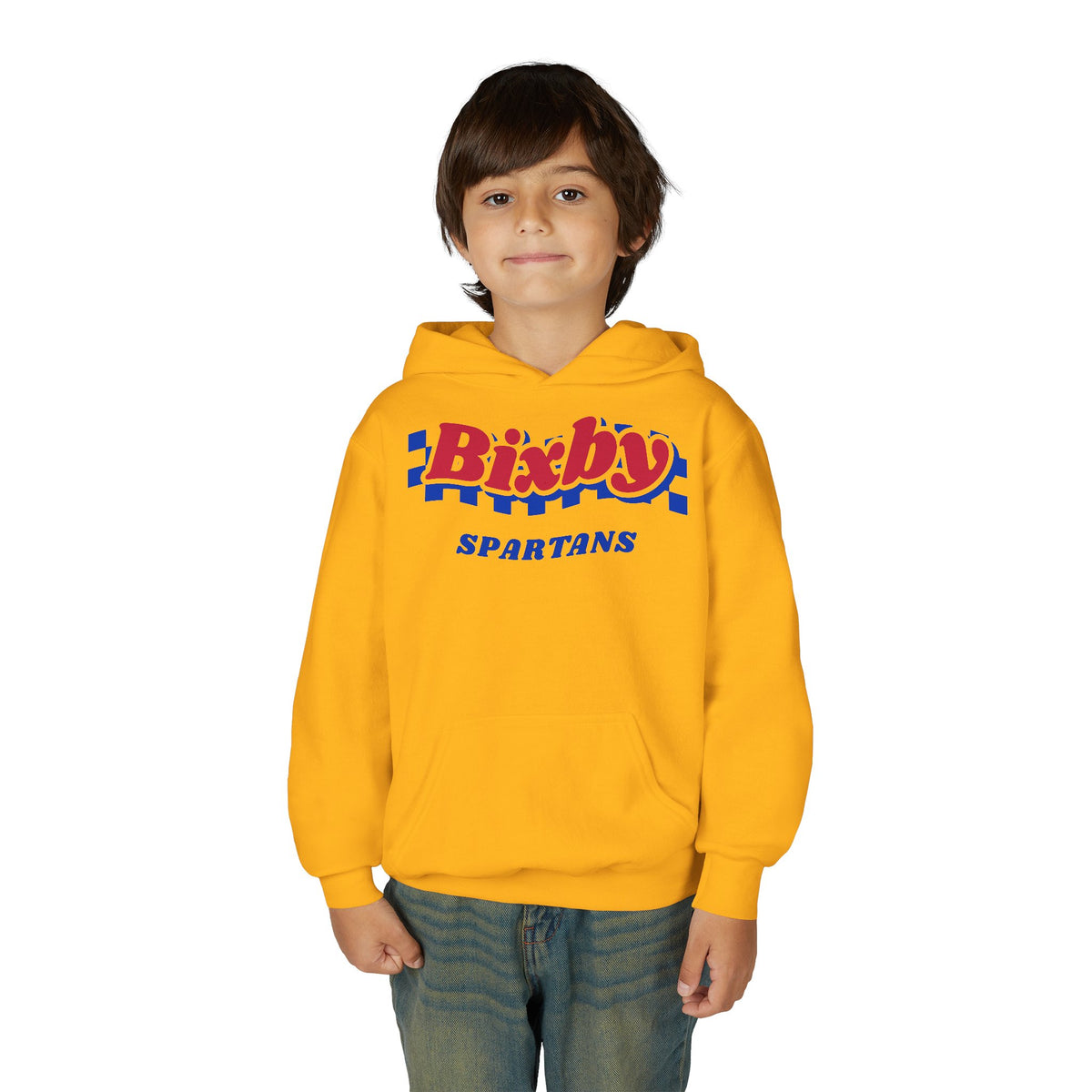 Bixby Spartans Retro Blue Checkered Script Youth Hoodie – Kids Vintage Game Day Hoodie