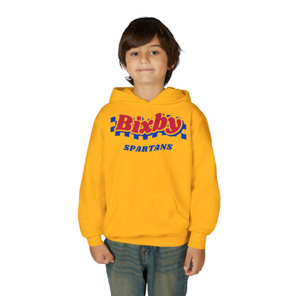 Bixby Spartans Retro Blue Checkered Script Youth Hoodie – Kids Vintage Game Day Hoodie