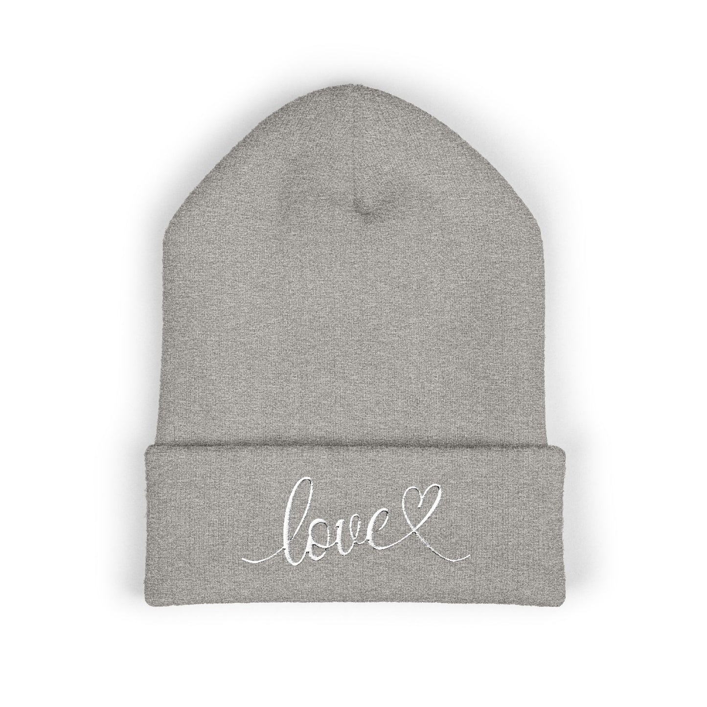 Embroidered Love Cuffed Beanie Cozy Knit Hat with Heart Script