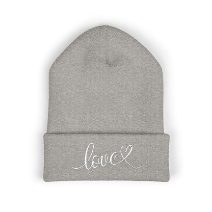 Embroidered Love Cuffed Beanie Cozy Knit Hat with Heart Script