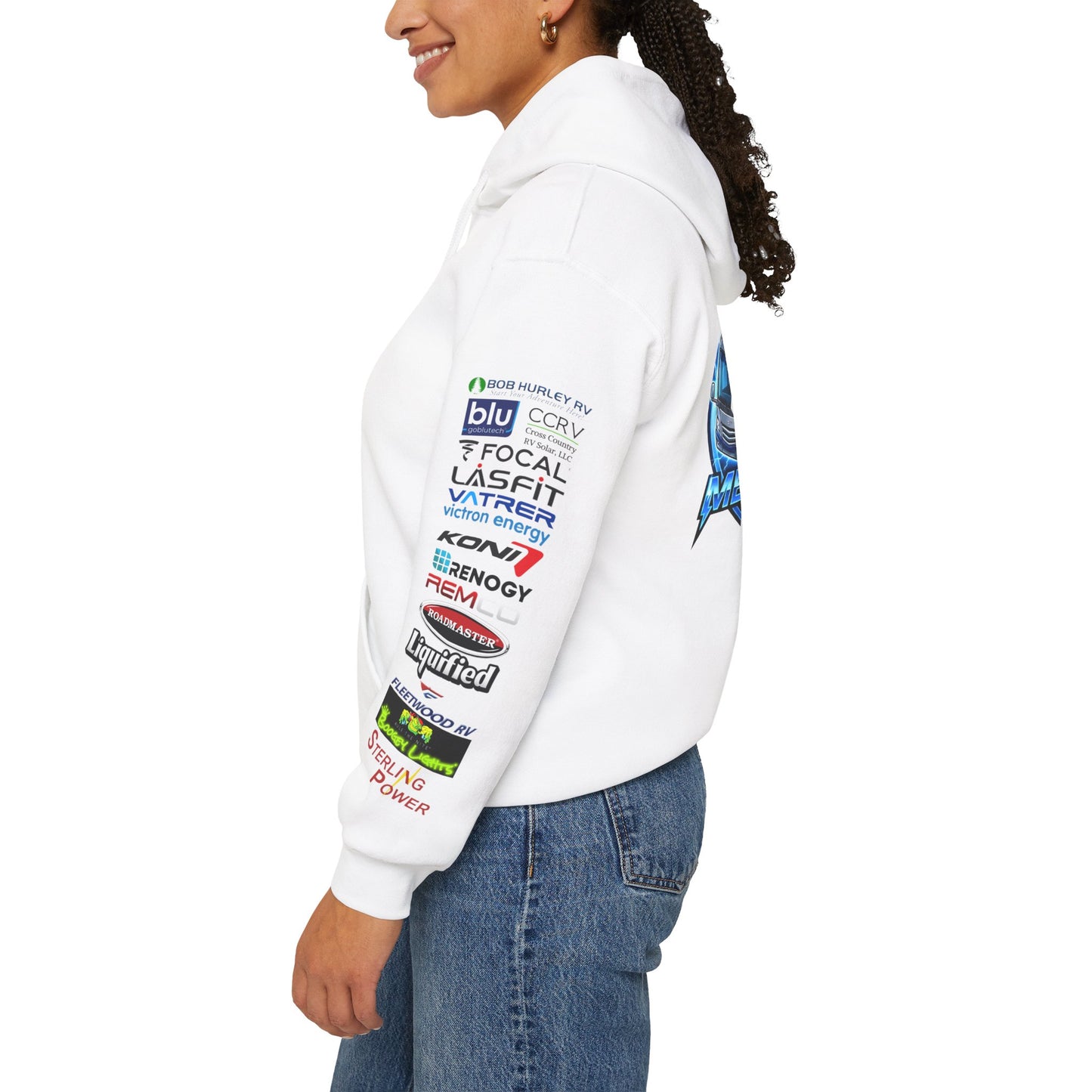 RV Megawatt Hoodie — Retro Camper Graphic Pullover with Sponsor Sleeve Logos
