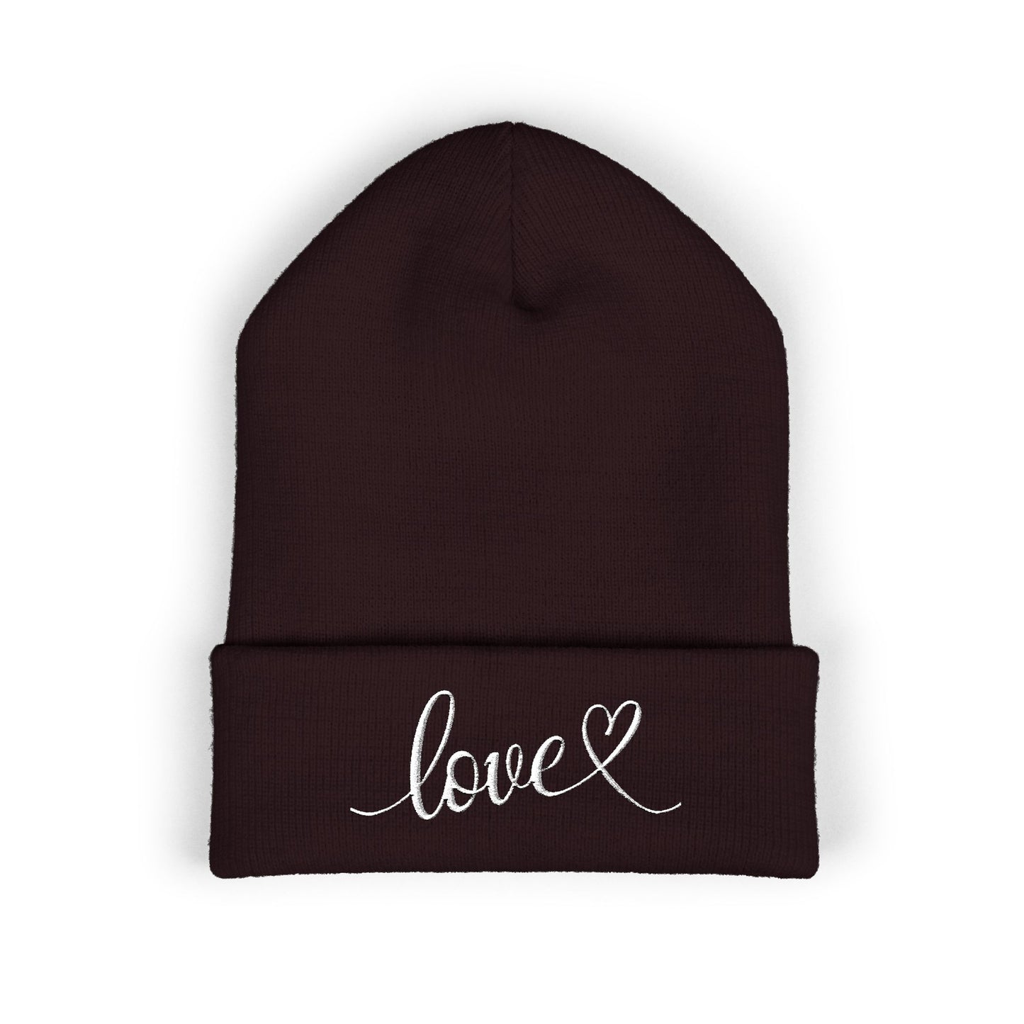 Embroidered Love Cuffed Beanie Cozy Knit Hat with Heart Script