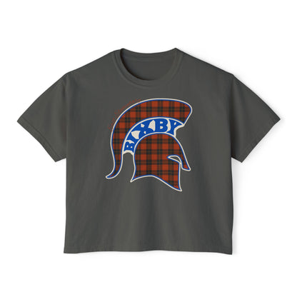 Bixby Spartans East Elementary Plaid Helmet Women's Boxy Tee – School Spirit Mom Shirt